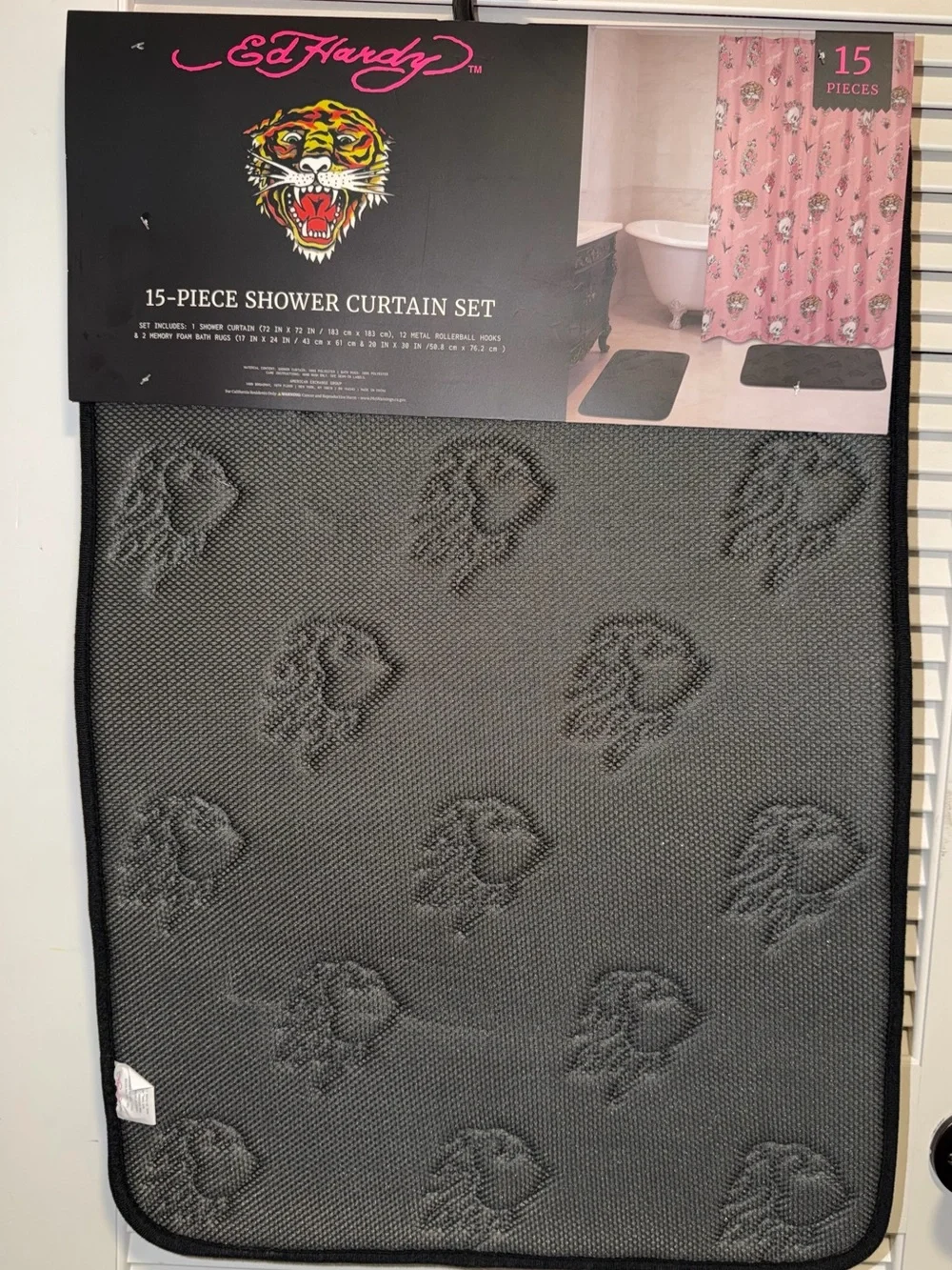 Ed Hardy Pink and Black Tattoo-Print 15-Piece Shower Curtain Set